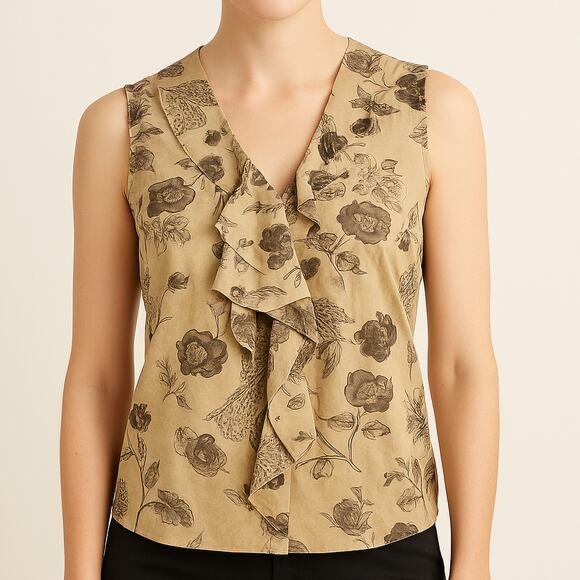 Cabi Ruffle Silk Chiffon Tan Floral Blouse Parisian Style Large - Picture 1 of 11